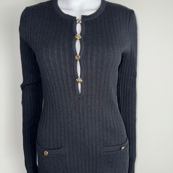 Commense Knit Mini‎ Dress Gold Button Ribbed Long Sleeve Bodycon Cocktail Size M - Picture 12 of 14